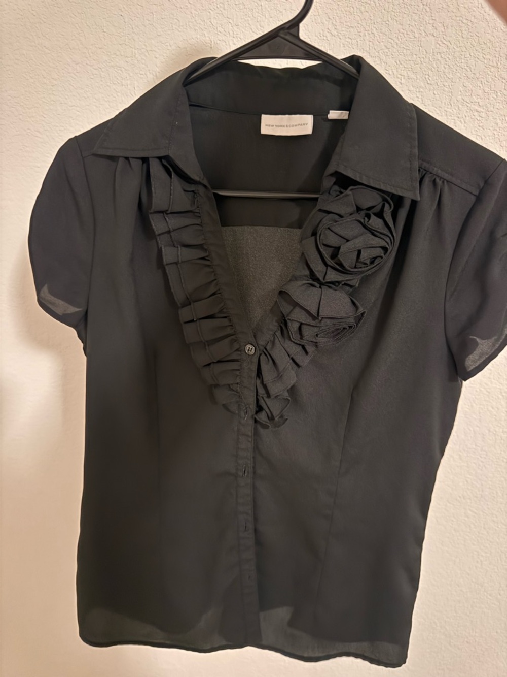 New York & Company Black Ruffle and Rosette Short-Sleeve Blouse